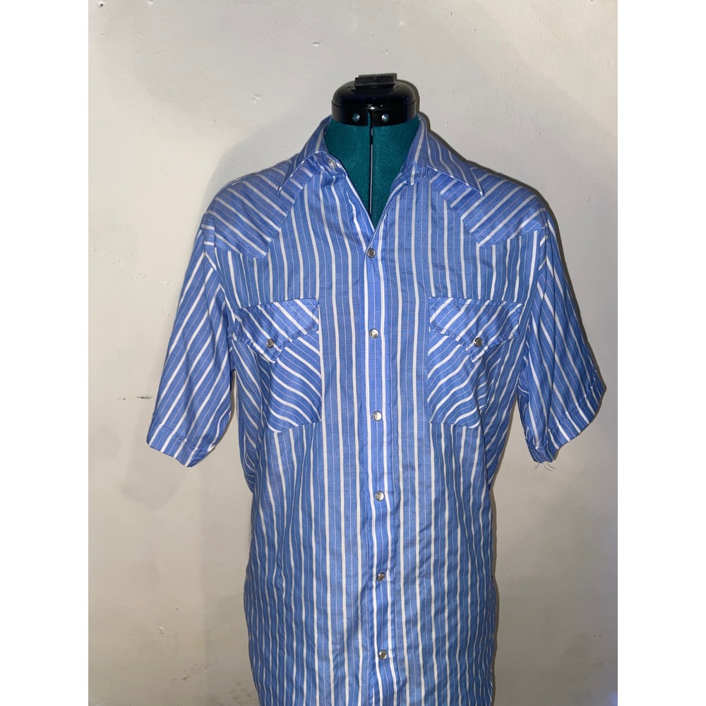 Ely Cattleman Mens Blue White Striped Western Pearl Snap Short Sleeve Shirt M